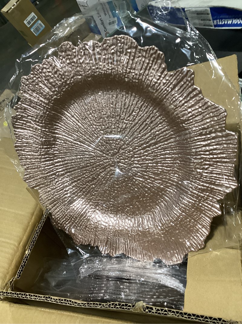 Condition photo showing New/Like New for 50 pcs rose gold charger plates bulk, 13" reef plate chargers for dinner plates, plastic floral decorative plates for table setting, round table chargers for wedding, party, event, decoration rose gold 50 pcs