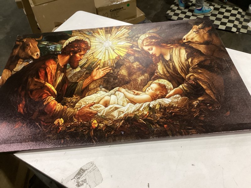 Condition photo showing Good Condition for UZMKM Nativity Canvas Wall Art, Mary & Joseph Birth of Christ Jesus in a Manger Scene Picture, Classic Religious Christian Artwork, Christmas Nativity Paintings 12x18 Inch BirthJesus Art19 18"L x 12"W