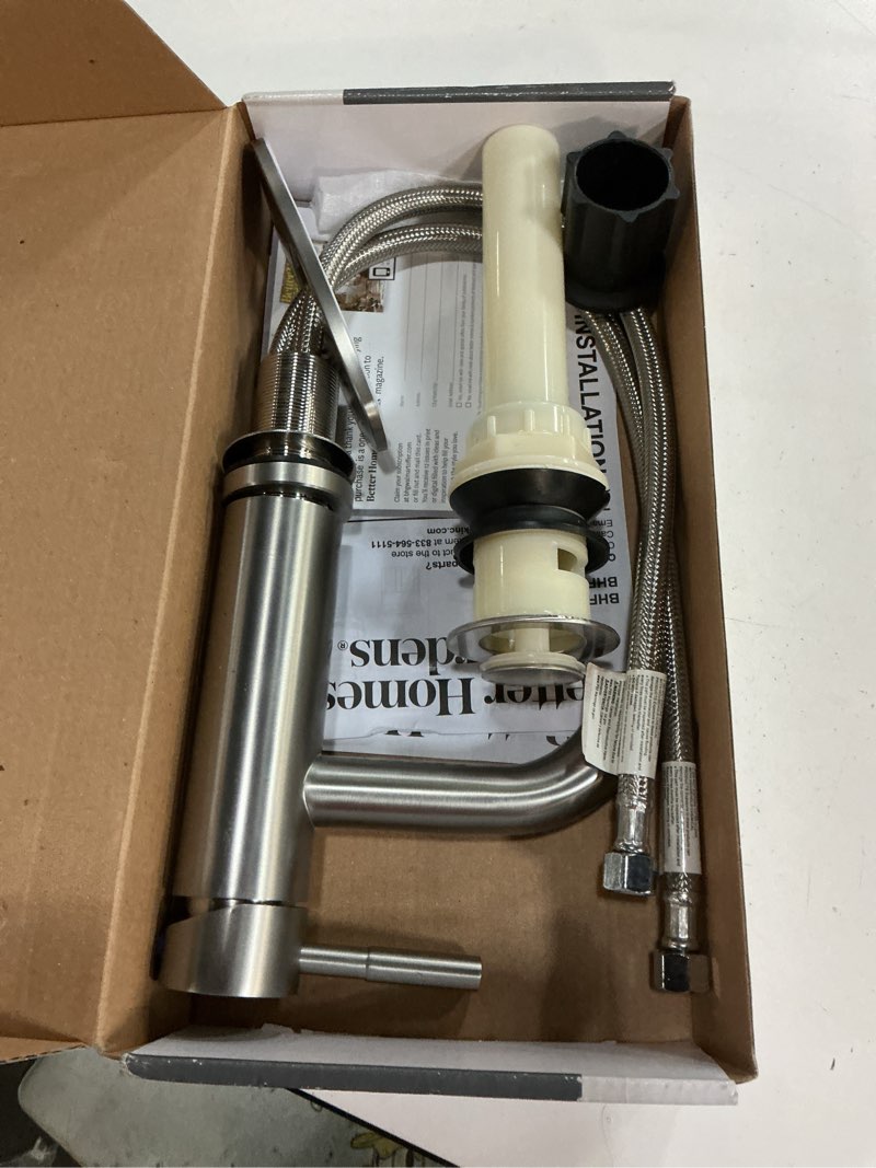 Condition photo showing As Is for better homes & gardens elmont single handle bathroom faucet, satin nickel, push pop-up