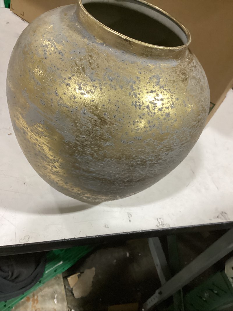 Condition photo showing As Is for flower vase for home decor, 11.4" large decorative metal vase for pampas grass, modern rustic textured iron vase centerpiece for modern farmhouse table living room entryway, gold distressed