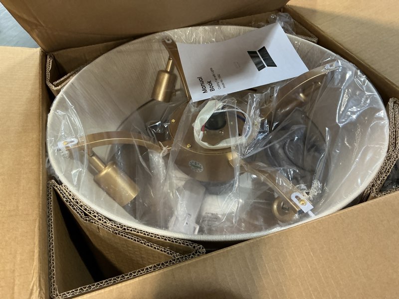 Condition photo showing New/Like New for boho ceiling fan with light and remote rattan chandelier fan gold caged fandelier ceiling fan with light for bedroom,nursery,foyer,kitchen and living room(6 speeds timing adjustment height enclosed) white