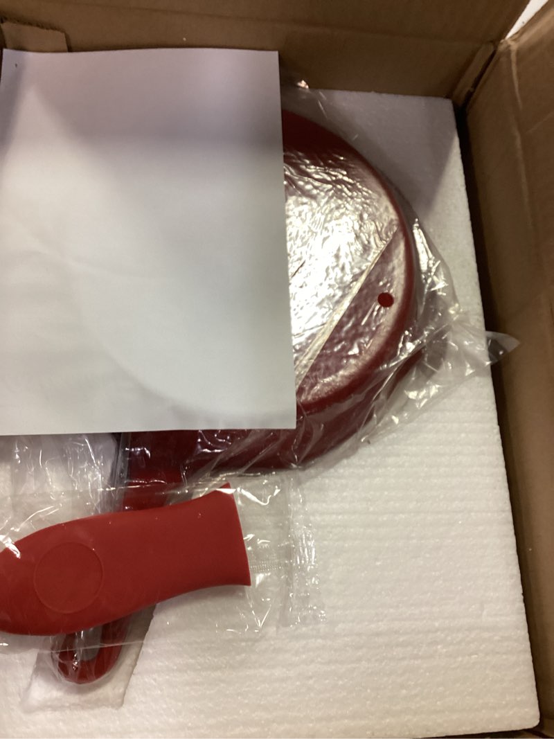 Condition photo showing New/Like New for Enameled Cast Iron Skillet with Pour Spouts for Searing Baking Grilling and Roasting,8inch Frying Pan Cookware with Silicone Handle Cover,Durable Oven Safe Pan,Stove Campfire Use(Red) 8 INCH+ Handle Cover