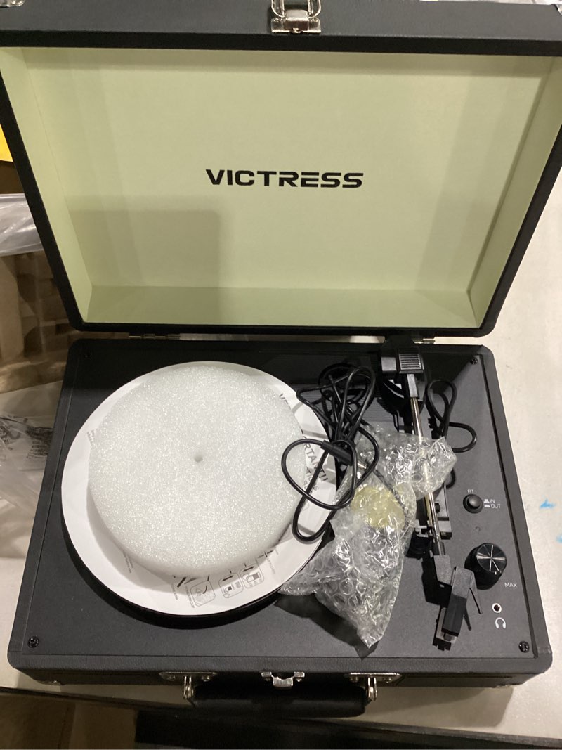 Condition photo showing Good Condition for *black not red*vinyl record player, portable suitcase turntable with pc recording & bluetooth input/output, 3-speed lp player, built-in stereo speakers, rca, aux, headphone jack, black