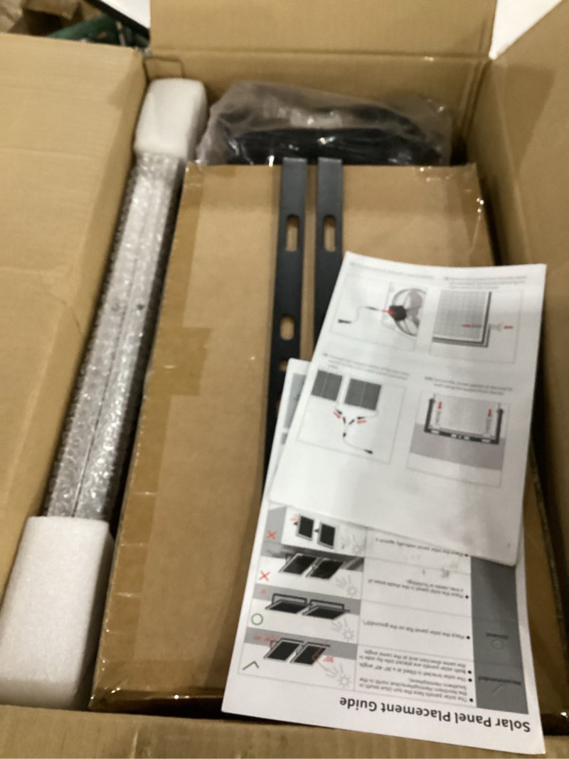Condition photo showing New/Like New for (not tested)12\" solar exhaust fan for greenhouse with battery and adjustable thermostat, attic fans for garage and shed with 2pcs 30w bifacial solar panels thermostat-12in