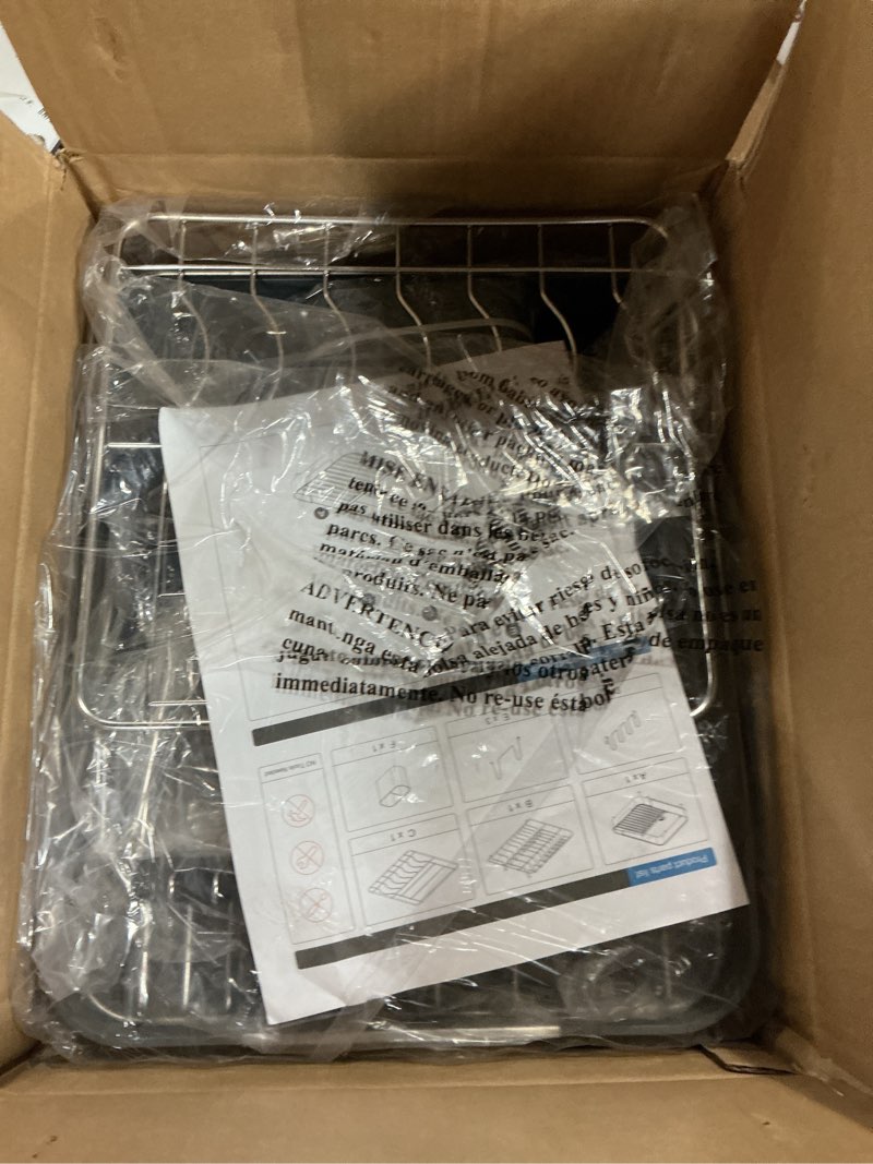 Condition photo showing New/Like New for sunly expandable dish drying rack, versatile brackets for pots & pans, space saving kitchen drying rack, dish racks for kitchen counter, stainless steel dish drainers with extendable spout, gray gray + silver