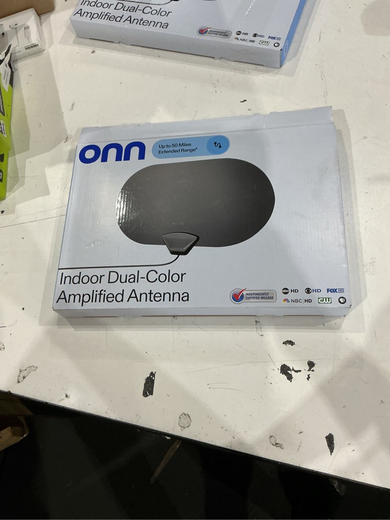 Condition photo showing As Is for onn. indoor tv antenna with amplifier, dual-color reversible design, 50-mile range, hd/uhd local channel reception