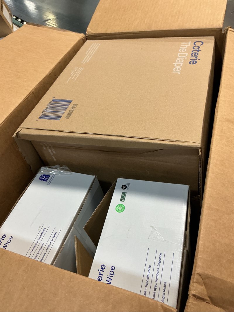 Condition photo showing New/Like New for coterie baby wipes + diapers kit, size 2 diapers (186 count) & 8 pack (448 count) baby wipes with 99% water, plant based materials, hypoallergenic for sensitive skin, baby essentials size 2 (186 count) + 8 wipes