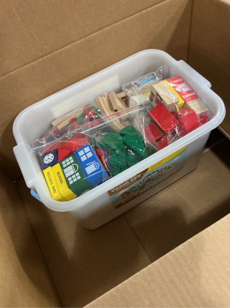 Condition photo showing Good Condition for Wooden Train Set 100 Piece All in One Wooden Toy Train Tracks Set with Magnetic Trains and Railway Accessories, Comes in A Clear Container, Compatible with All Major Brands