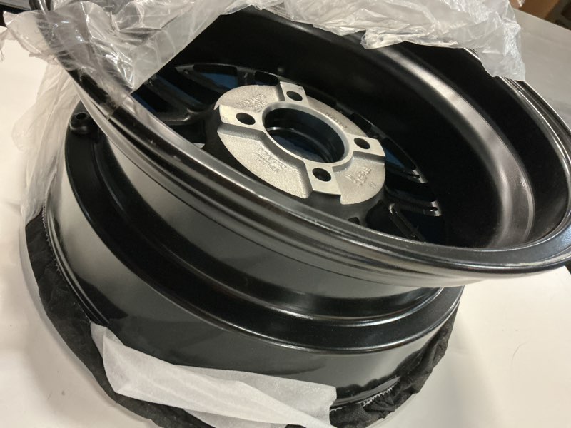 Condition photo showing As Is for Red Hawk TIR-RX281-BBL Wheel Gloss Black with Blue, 14x7 ET-25 Golf Carts