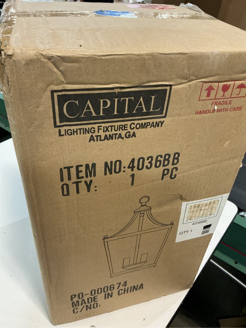 Condition photo showing New/Like New for capital lighting 4036bb stanton geometric metal open frame lantern foyer pendant, 3-light 180 total watts, 17" h x 10" w, burnished bronze 3-light burnished bronze