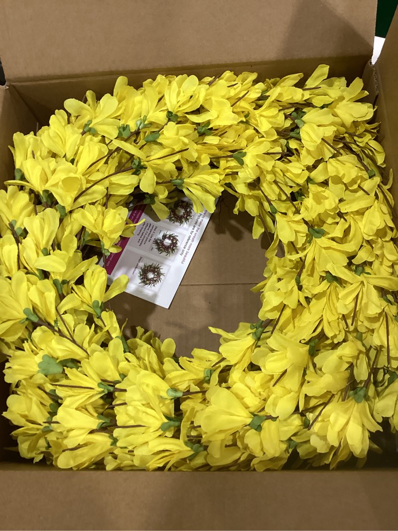 Condition photo showing Good Condition for yellow forsythia door wreath huashen 24 inch spring front door wreath blossom cluster flower farmhouse on grapevine for christmas celebration wall window decoration hanging