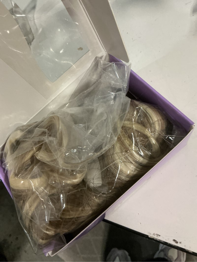 Condition photo showing Good Condition for KooKaStyle Invisible Wire Hair Extensions with Transparent Wire Adjustable Size 4 Secure Clips 16 Inch Long Wavy Secret Hairpiece(Dark Ash Blonde mix Light Blonde Highlights) 16 Inch Dark Ash Blonde mix Light Blonde Highlights