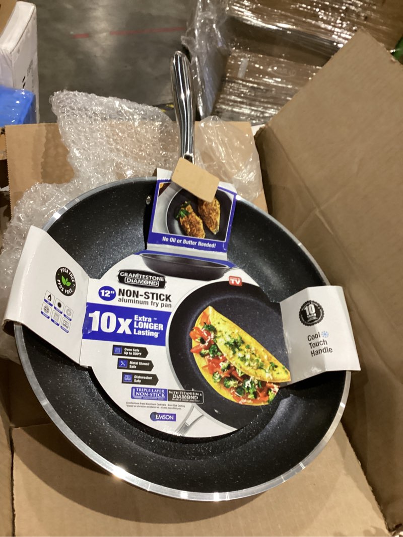 Condition photo showing New/Like New for Granitestone Cookware Nonstick Frying Pan, 12” Nonstick Pan for Cooking & Frying, Mineral Enforced Egg Pan with Stay Cool Handles, Dishwasher Safe Cooking Pan with No Warp Technology, 100% PFOA Free 12"