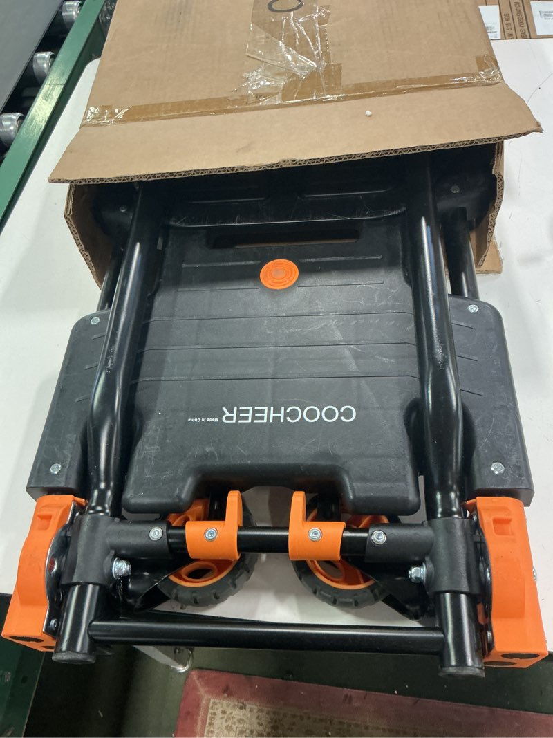 Condition photo showing As Is for 330LB Folding Hand Truck Heavy Duty Carrying, Combination of Four Wheels and Two Wheels Convertible Dolly Cart with Retractable Handle Dolly for Moving Office Carts(Orange) 330LB Orange