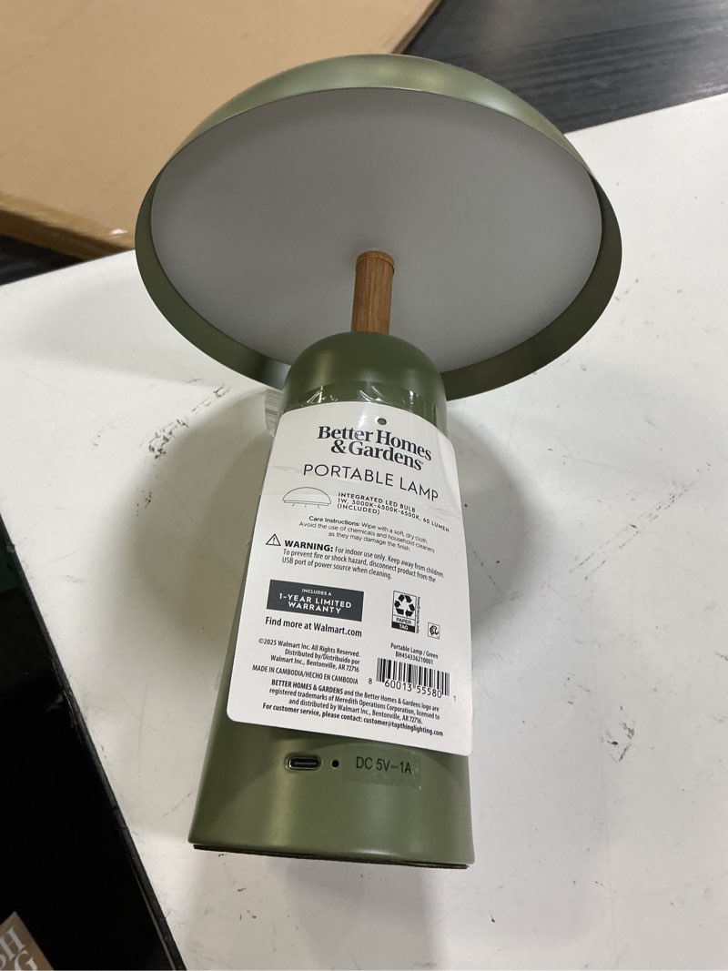 Condition photo showing As Is for better homes & gardens 12" green dome rechargeable led portable lamp with dimmable touch sensor