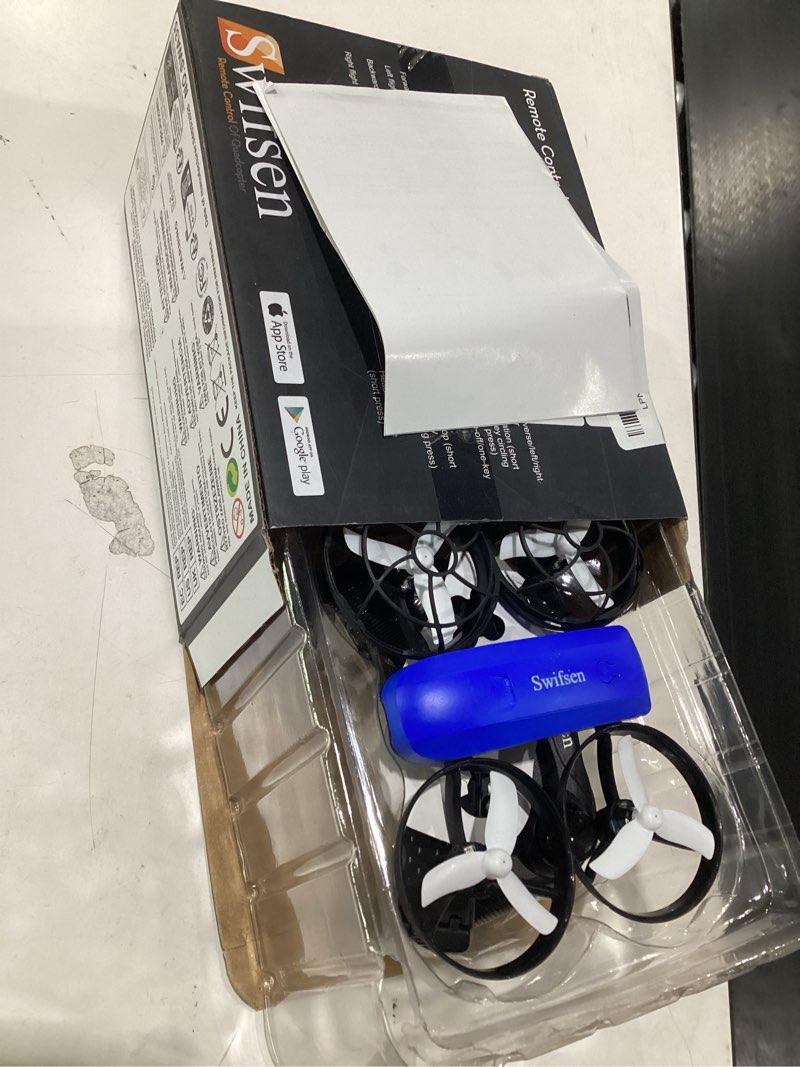 Condition photo showing As Is for missing pieces and charger swifsen drones for kids with camera,rc drone indoor small helicopter,birthday gifts for boys and girls beginners friendly,mini quadcopter toy with 2 batteries,propeller protect,altitude hold blue-with camera