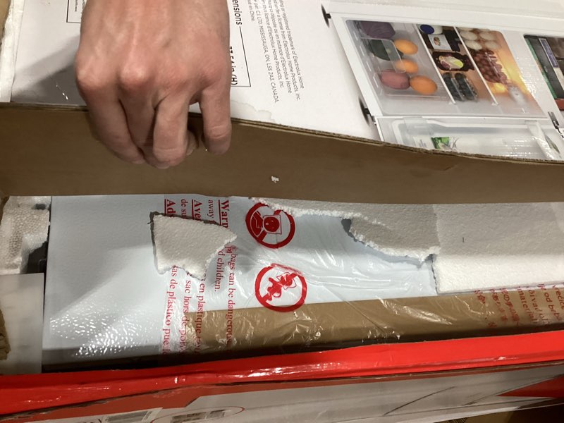 Condition photo showing As Is for Frigidaire Compact Refrigerator with Top Freezer - 2 Door Fridge with 3.2 Cu Ft, Contemporary Series, White NOT TESTED  INCOMPLETE 