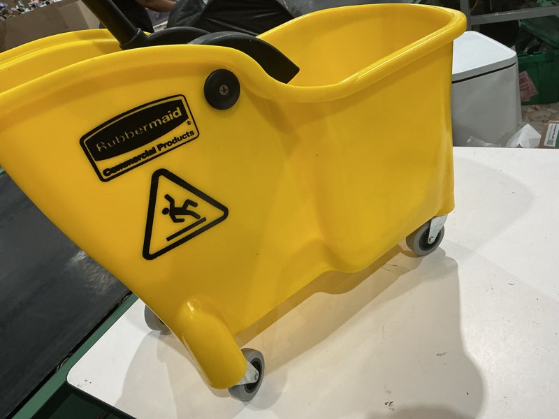 Condition photo showing As Is for rubbermaid commercial products 7.75-gallons down-press wringer mop and bucket combo