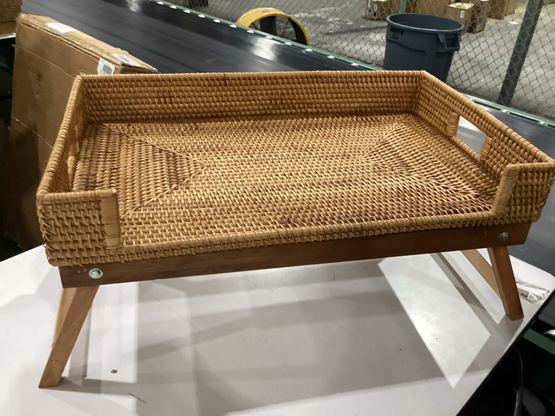 Condition photo showing New/Like New for rattan breakfast table tray with foldable legs rectangular butler snack serving bed tray for bed sofa eating breakfast snacking