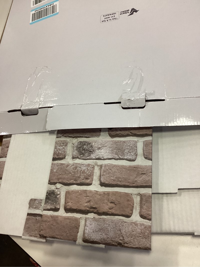 Condition photo showing Good Condition for Christmas Cardboard Fireplace Prop 3D Artificial White Brick Rustic Fake Fireplace for Christmas Party Background Decor Faux Mantel Backdrop for Farmhouse Xmas Decoration 27 x 12 x 3.5in