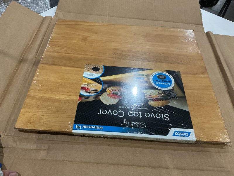 Condition photo showing Good Condition for camco oak accents camper/rv silent top stovetop cover | features solid oak-finish hardwood w/non-toxic finish & 4 non-slip rubber feet | includes flexible cutting mat | 19.5” x 17” x .75” (43521)