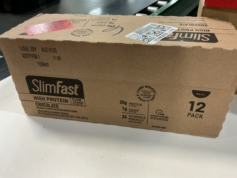 Condition photo showing Good Condition for (Best By Aug 16/2025) SlimFast Protein Shake, Chocolate- 20g Protein, Meal Replacement Shake Ready to Drink, High Protein with Low Carb and Low Sugar, 24 Vitamins and Minerals, 12 Count (Pack of 1) (Packaging May Vary) Chocolate Meal Replacement Protein Shake
