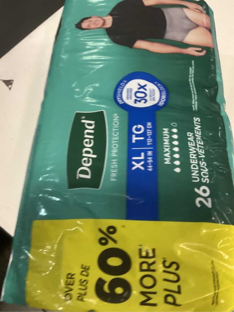 Condition photo showing New/Like New for Depend Fresh Protection Adult Diapers, Incontinence Underwear for Men, Disposable, Maximum, Extra-Large, Grey, 26 Count, Packaging May Vary X-Large 26