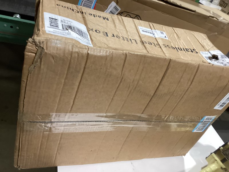 Condition photo showing As Is for Aothey Stainless Steel Litter Box with Lid, Enclosed Metal with High Sides, Large Cat Litter Box, Do