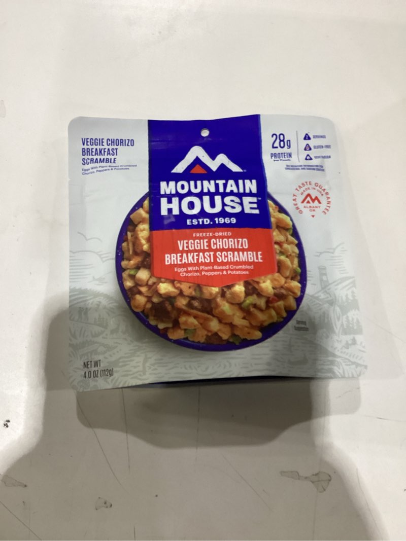 Condition photo showing New/Like New for 5 pack Mountain House Veggie Chorizo Breakfast Scramble | Freeze-Dried Backpacking & Camping Food | Gluten-Free & Vegetarian | 2 Servings