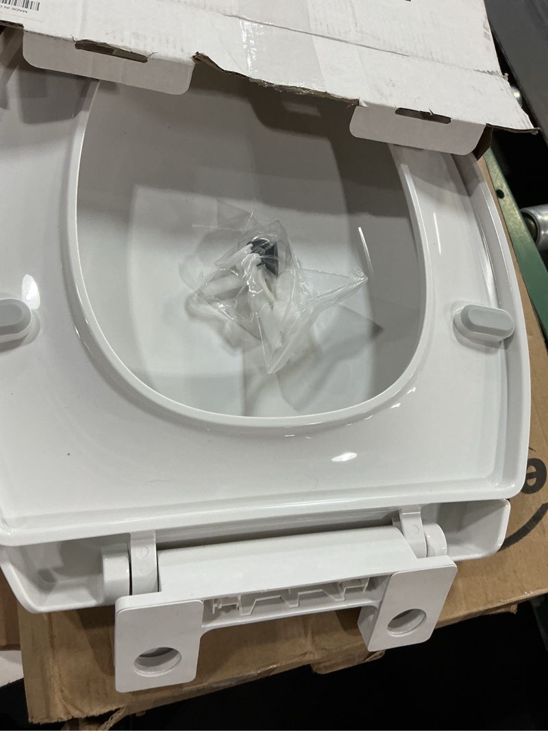 Condition photo showing New/Like New for elongated toilet seat, 18.5” soft/slow close oval (oblong) toilet seat for elongated toilets, no-slam quiet-close lid, easy-to-install & clean, durable never-loosen white plastic seat white elongated(oval)