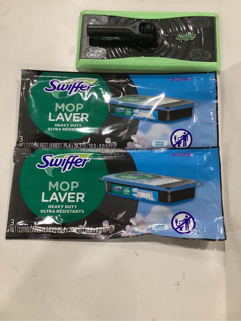 Condition photo showing As Is for swiffer sweep & mop deluxe 2-in-1 multi-surface kit for floor cleaning, includes 1 sweeper device, 5 dry sweeping + 6 wet mopping heavy duty cloths, black deluxe starter kit
