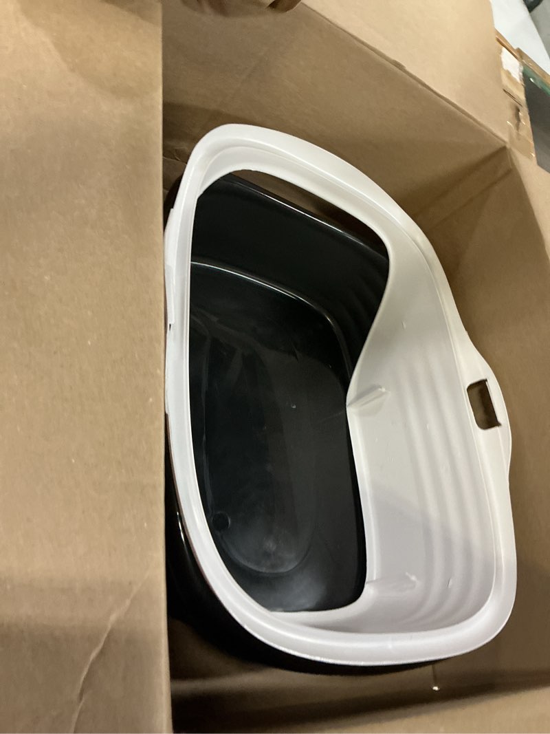 Condition photo showing New/Like New for arm & hammer rimmed cat litter box with high sides and microban, made in usa pearl white/ dark gray standard