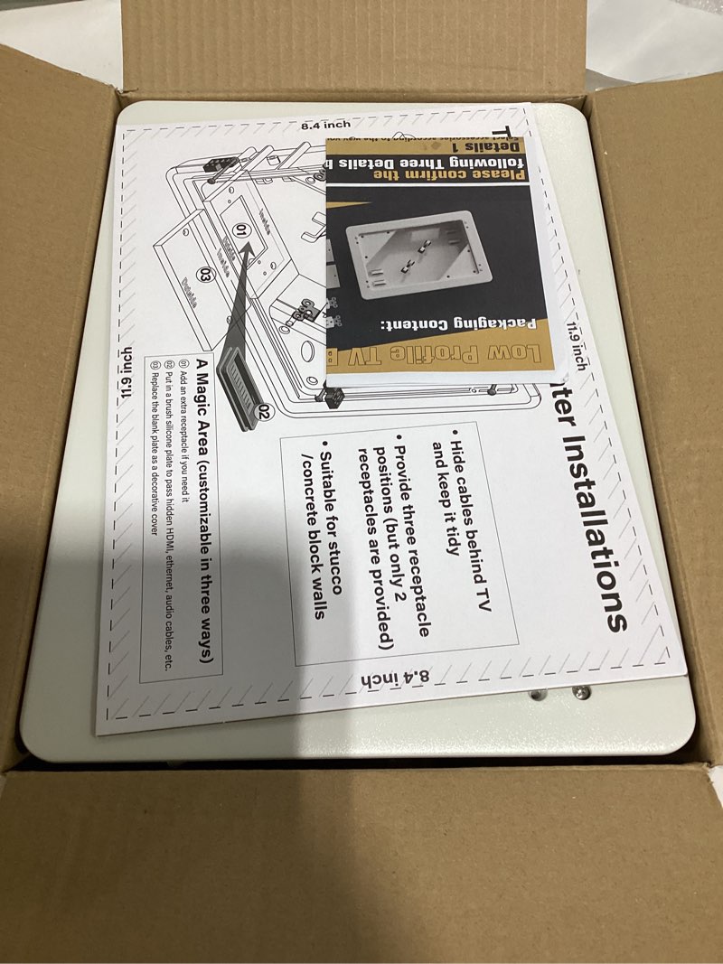 Condition photo showing Good Condition for in-wall tv box with flange for home theater installation, 11.9" x 8.4" cord hider for wall mounted tv, with 2 outlets, cable bracket, lv cable & 1-1/2" ent entrance, ideal for new or retrofit job white 1 pack