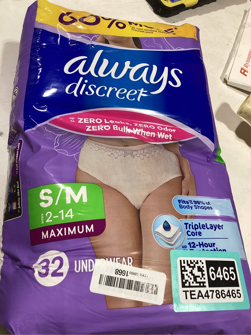 Condition photo showing New/Like New for always discreet adult diapers for women, incontinence underwear, postpartum essentials, disposable briefs, max absorbency, bladder leak protection, small/medium, 32ct small/medium 32