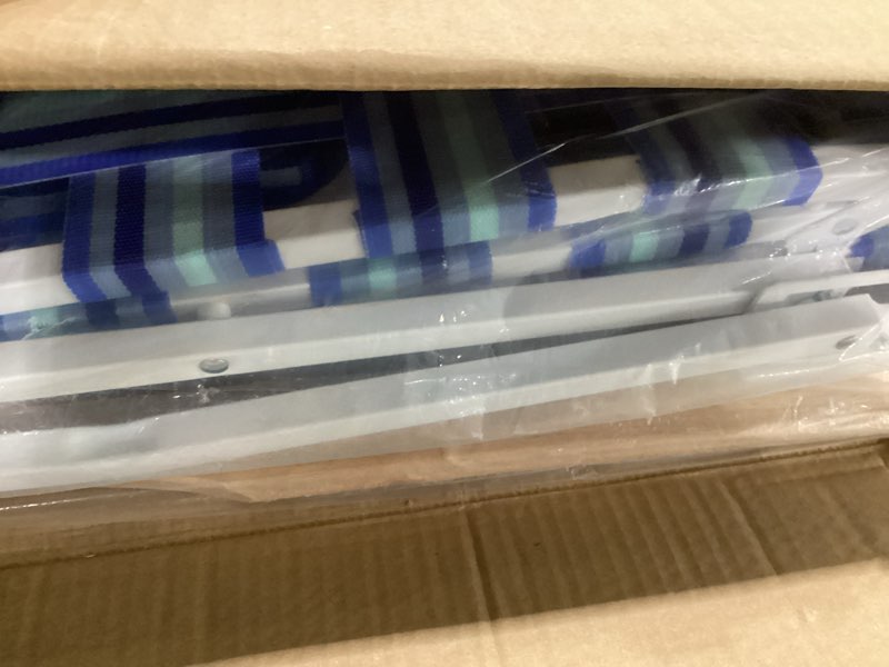 Condition photo showing Good Condition for camp & go 4-position folding web lawn chair outdoor lounger, blue/white undefined/white