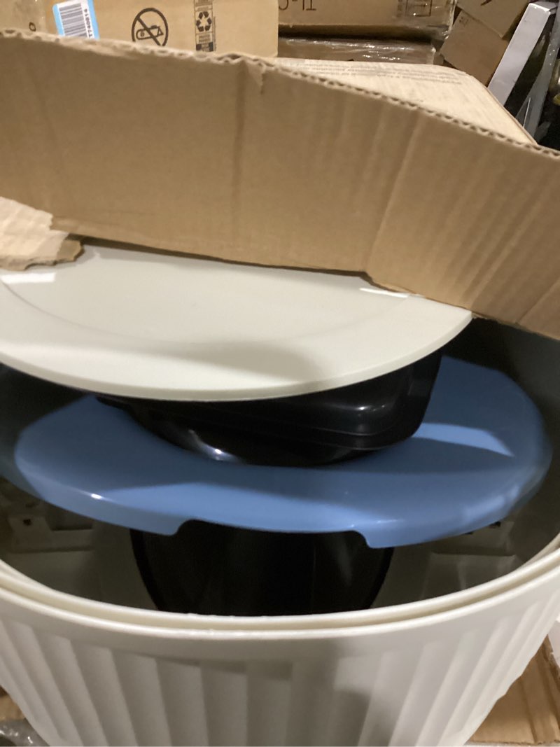Condition photo showing As Is for portable toilet seat with armrests, with lid, with tissue holder, with seat function, robust, easy to clean, no power connection required, suitable for indoor and outdoor use (blue)