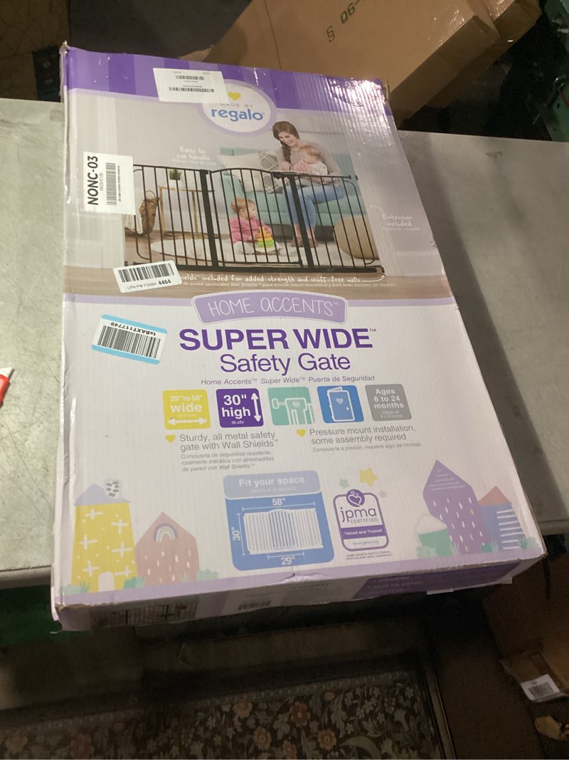 Condition photo showing New/Like New for owlie Baby Gate Indoor 75-85 Inch, Extra Wide Safety Gate for Dogs Large Stairway Gate Adjustable Baby Gates Pressure Mount Wide Gate for Pet Stairway Doorway No Drilling Black (30.5'' Tall) Black 75-85'' Wide