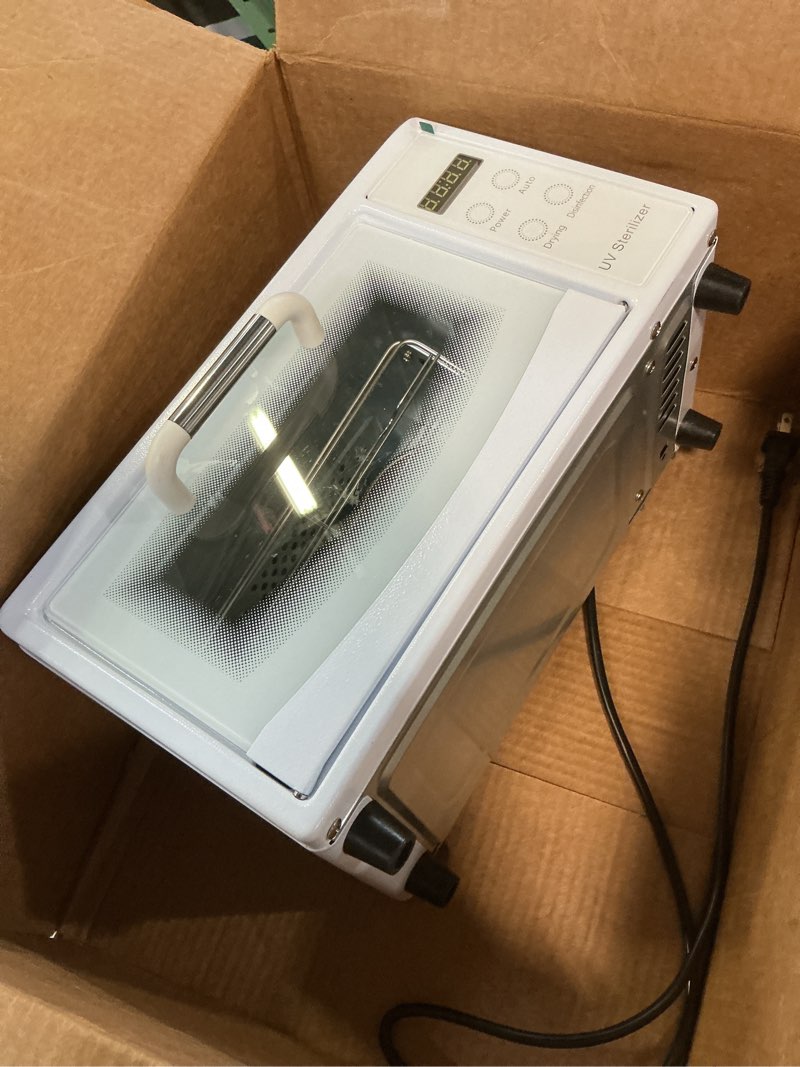 Condition photo showing As Is for cgbe nail tool sterilizer: 10l large sterilizer for nail tools with timer setting, multi-functional uv cleaning cabinet for nail tools, home use, barbers, beauty salons, and spas white