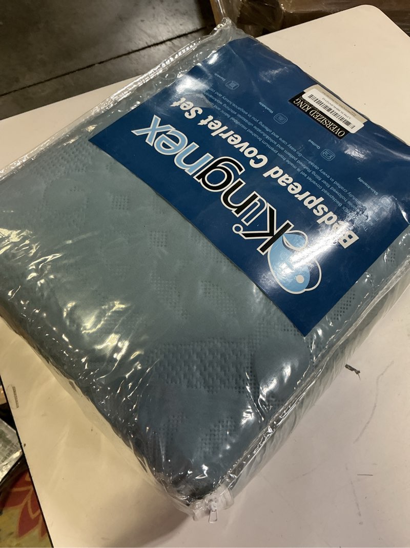 Condition photo showing New/Like New for oversized king bedspreads 128x120 extra wide quilt for tall king california king bed lightweight 3 piece quilted coverlet pillow shams set spa blue oversized king 128x120 spa blue