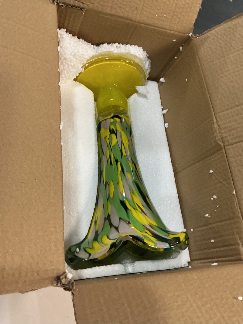 Condition photo showing New/Like New for 11.2'' H Hand Blown Glass Vase for Flowers, Yellow Glass Home Decor for Centerpieces, Yellow Wide Mouth Vase for Table, Beautiful Colorful Decor for Bathroom, Unique Gift for Her Friends