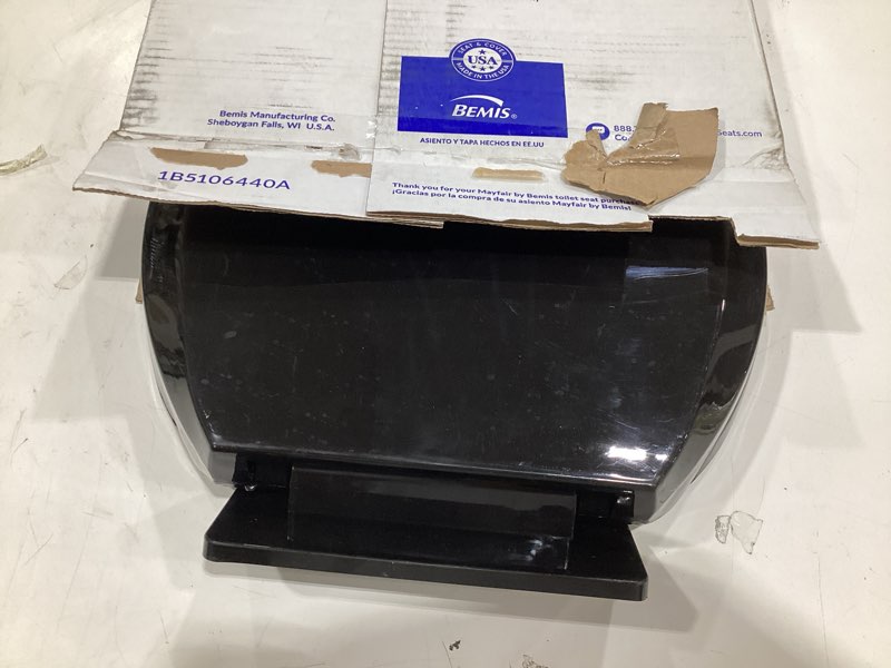 Condition photo showing As Is for renovators supply manufacturing plastic soft close toilet seat elongated quiet-close lid, contoured seat, easy to install and clean, grip-tight bumpers with adjustable mounting hardware, black