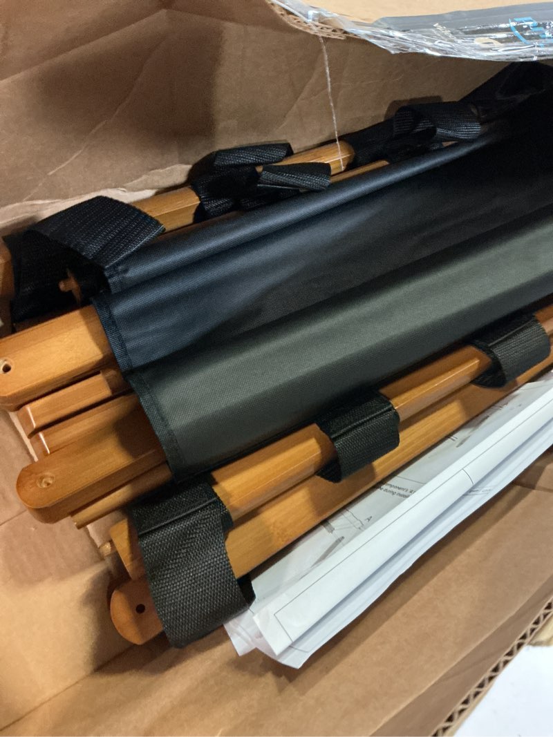 Condition photo showing As Is for Smuxee Walnut Bamboo Luggage Rack Pack of 2, Foldable Suitcase Stand with Storage Shelf, Easily Assembled Luggage Stand with 5 Nylon-Straps for Guest Room Hotel Bedroom Walnut 2PCS