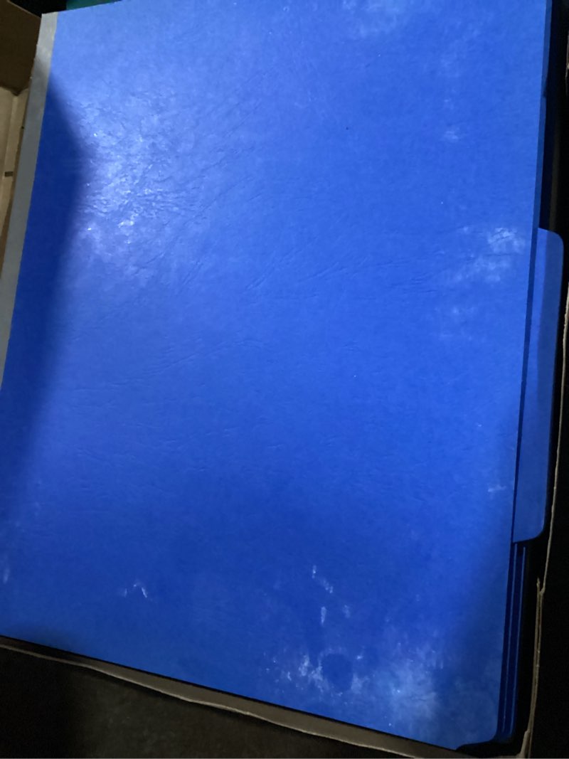Condition photo showing As Is for smead pressboard classification folders with safeshield coated fasteners, letter size, 100% recycled, dark blue, box of 10