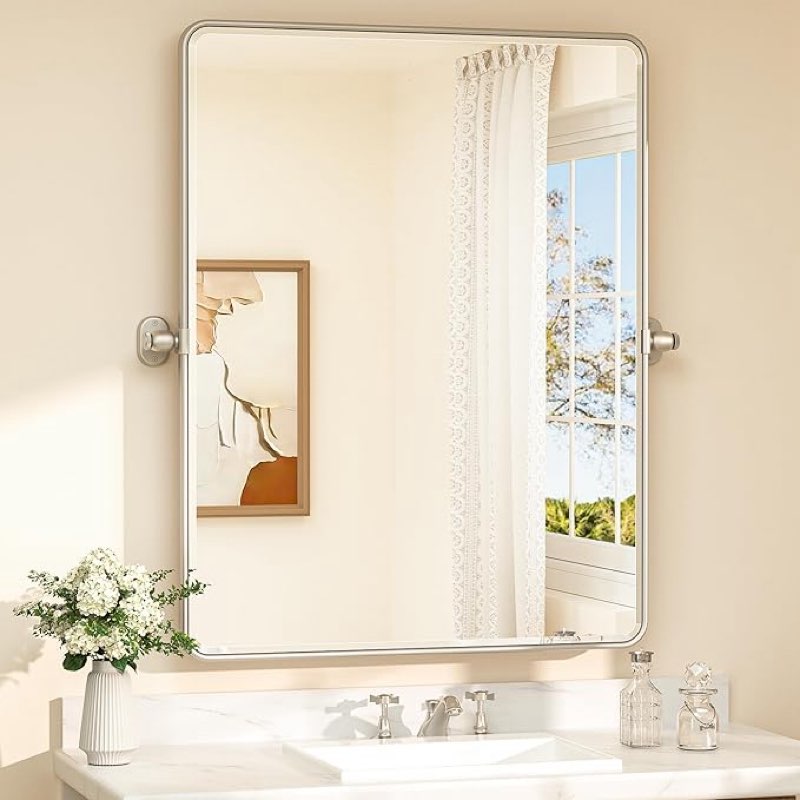 TETOTE Brushed Nickel Pivot Rectangle Bathroom Vanity Mirror 24 x 36 Tilt Beveled Mirror, Pivoting M