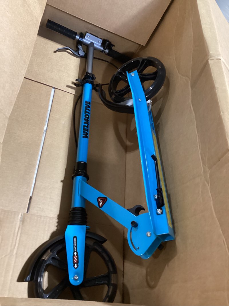 Condition photo showing As Is for kick scooter for kids ages 8+ teens & adults, with front handbrake and rear brake, and adjustable handlebars, big sturdy pu flash wheels great gift & toy
