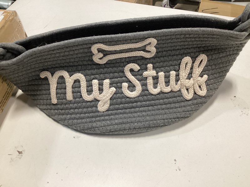 Condition photo showing Good Condition for Pet Storage Basket with Rope Handles, Cotton Woven Dog Toy Bin, Cotton Rope Organizer, My Stuff Design with Bone, Grey Black Basket and Beige Yarn (Grey Black Basket)