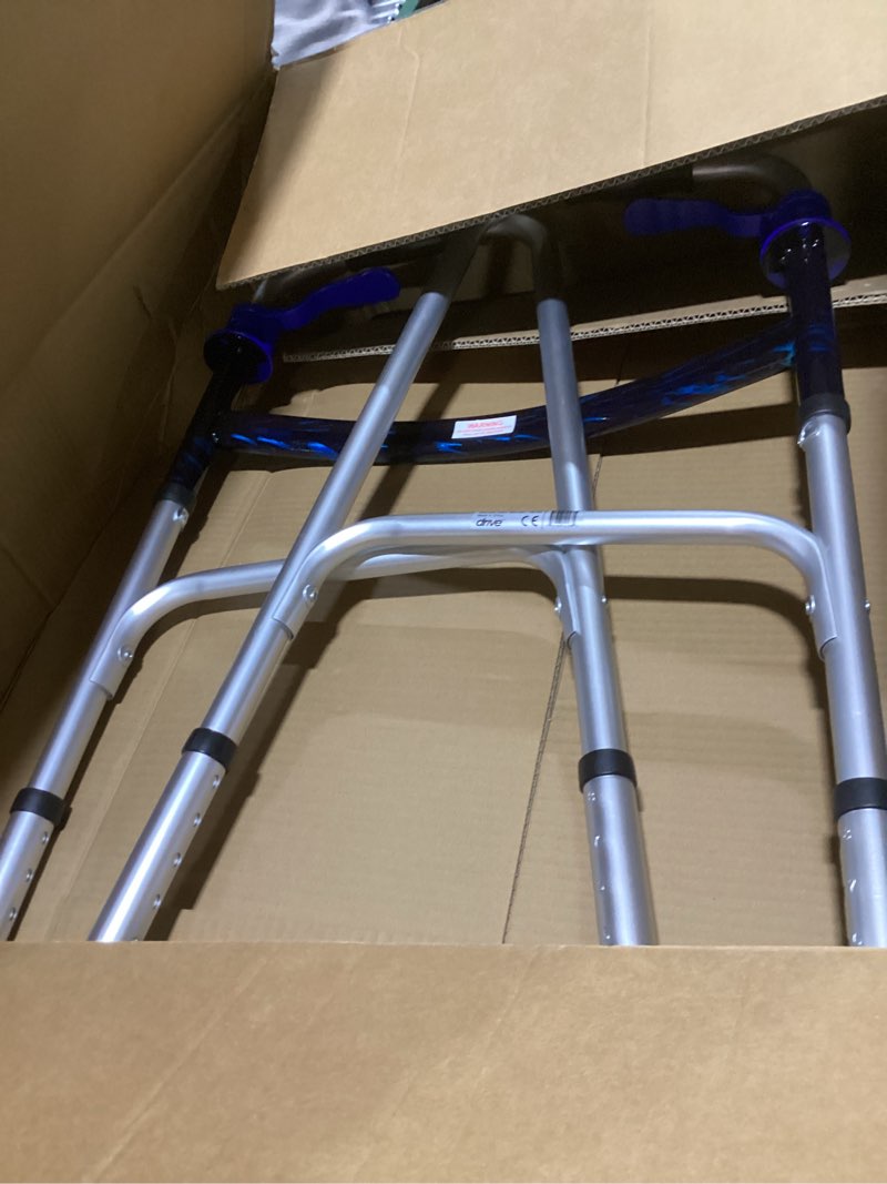 Condition photo showing As Is for drive medical trigger release folding walker - lightweight brushed steel design - easy trigger folding mechanism - 5 inch wheels - contoured hand grips - senior mobility aid 1 count (pack of 1)