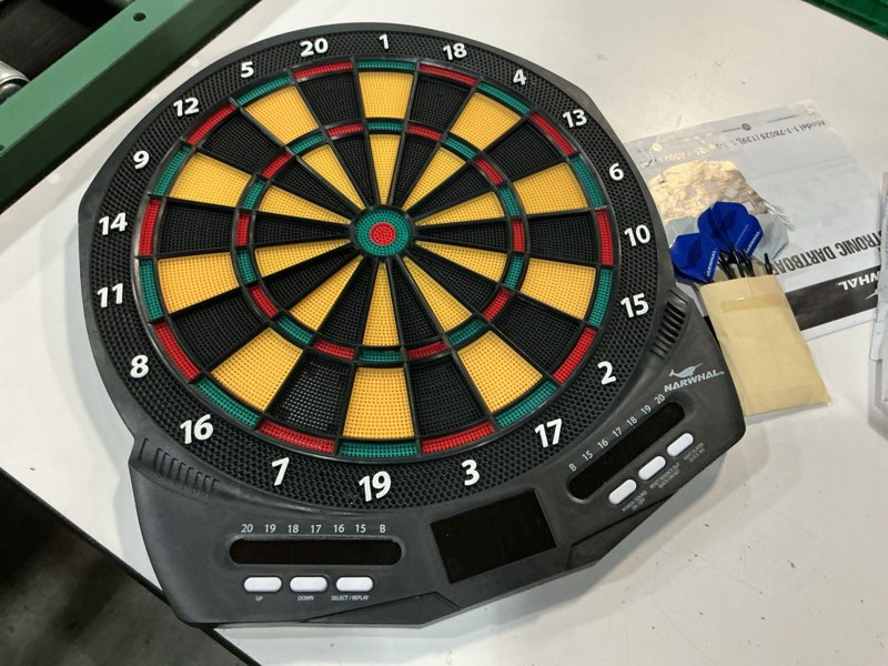 Condition photo showing As Is for narwhal revolution electronic dartboard with 30 games, cricket scoring and 6 plastic tip darts