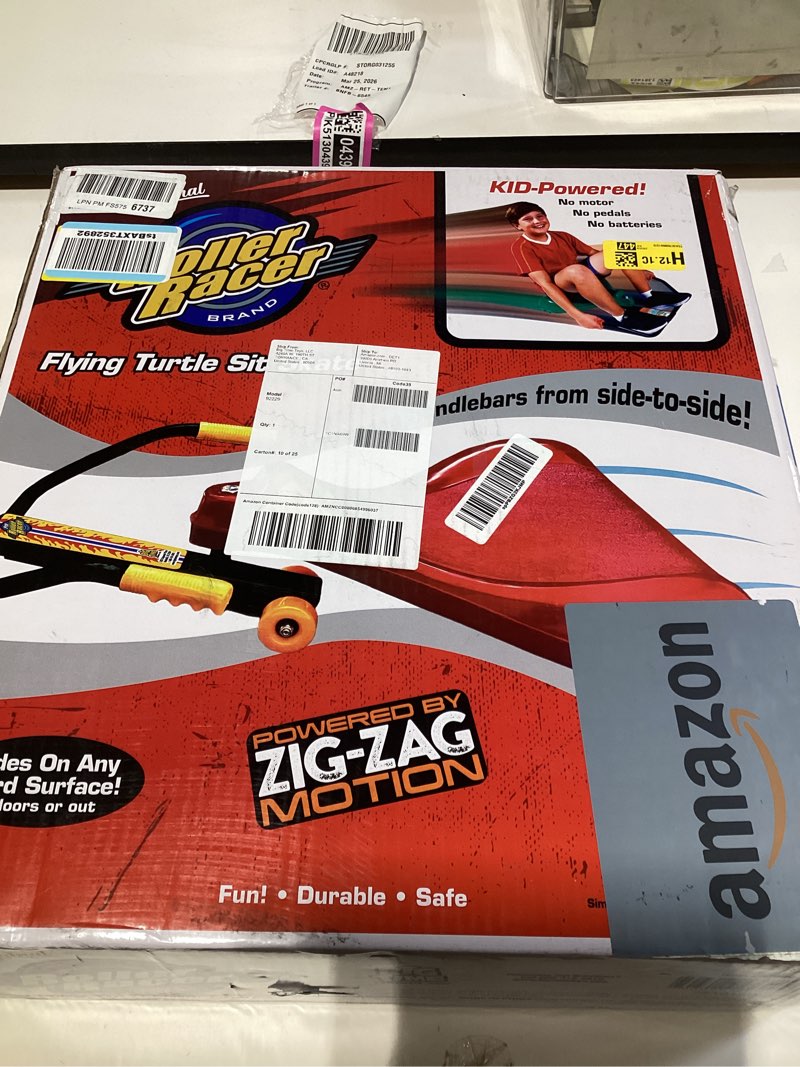 Condition photo showing New/Like New for the original roller racer flying turtle sit skate, kid powered, no motor, no pedals, no batteries, power by zig zag motion, promotes active play in or outdoors, non-marring skate wheels