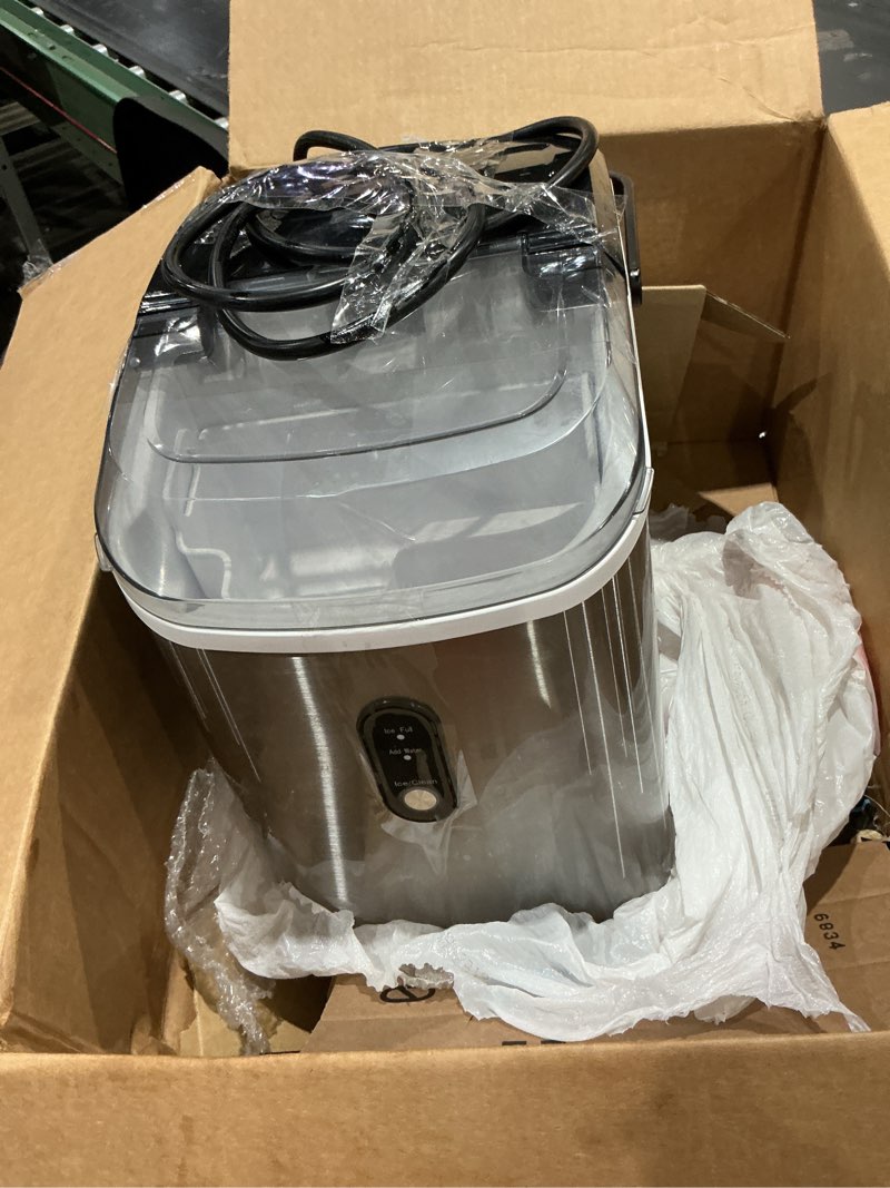 Condition photo showing As Is for antarctic star nugget ice makers countertop with auto-cleaning /day, portable sonic ice machine with handle, basket and scoop for home/kitchen/office/camping(stainless steel silver)